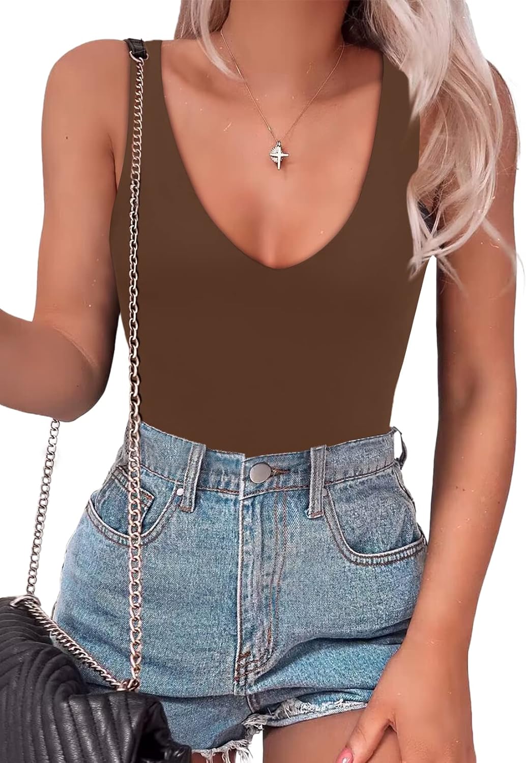 SAUNGKUAI Womens Bodysuit with Plunge Deep V Neck Design