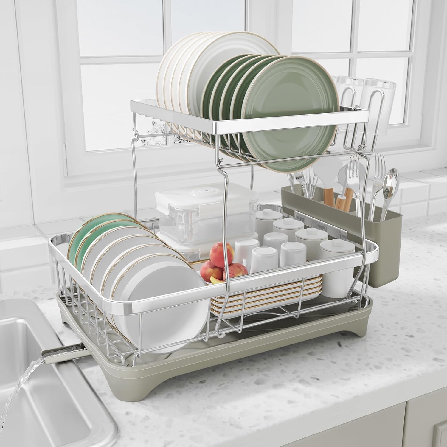 2-Tier Stainless Steel Dish Drying Rack with Auto-Draining Design