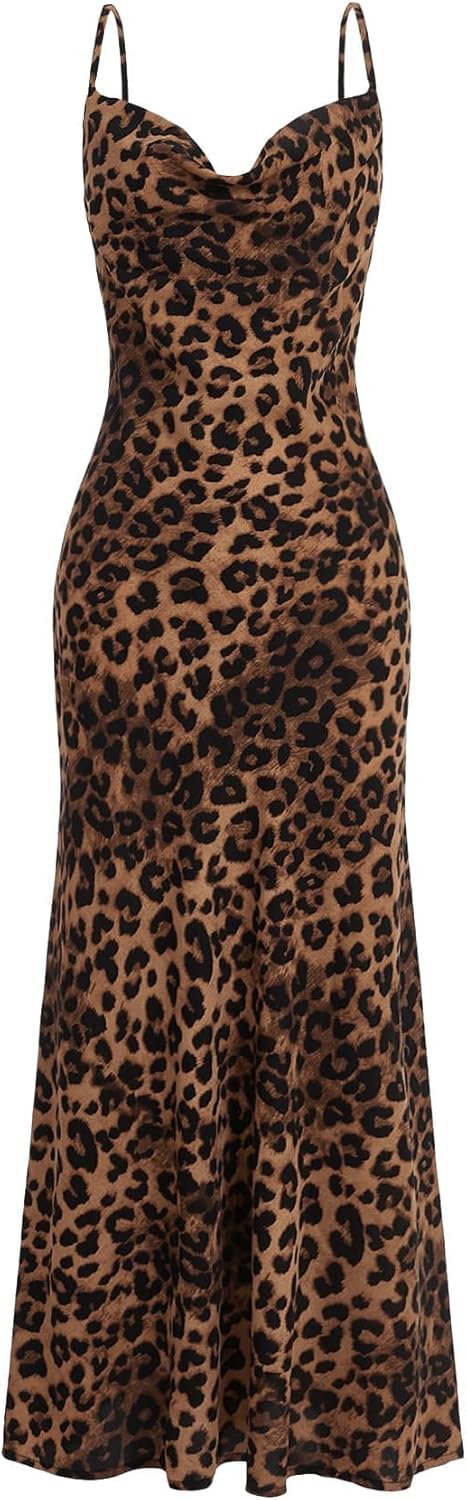 Floerns Women's Leopard Print Draped Collar Cami Long Dress