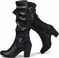 Women's Knee High Boots with Chunky Heel and Pointed Toe - Faux