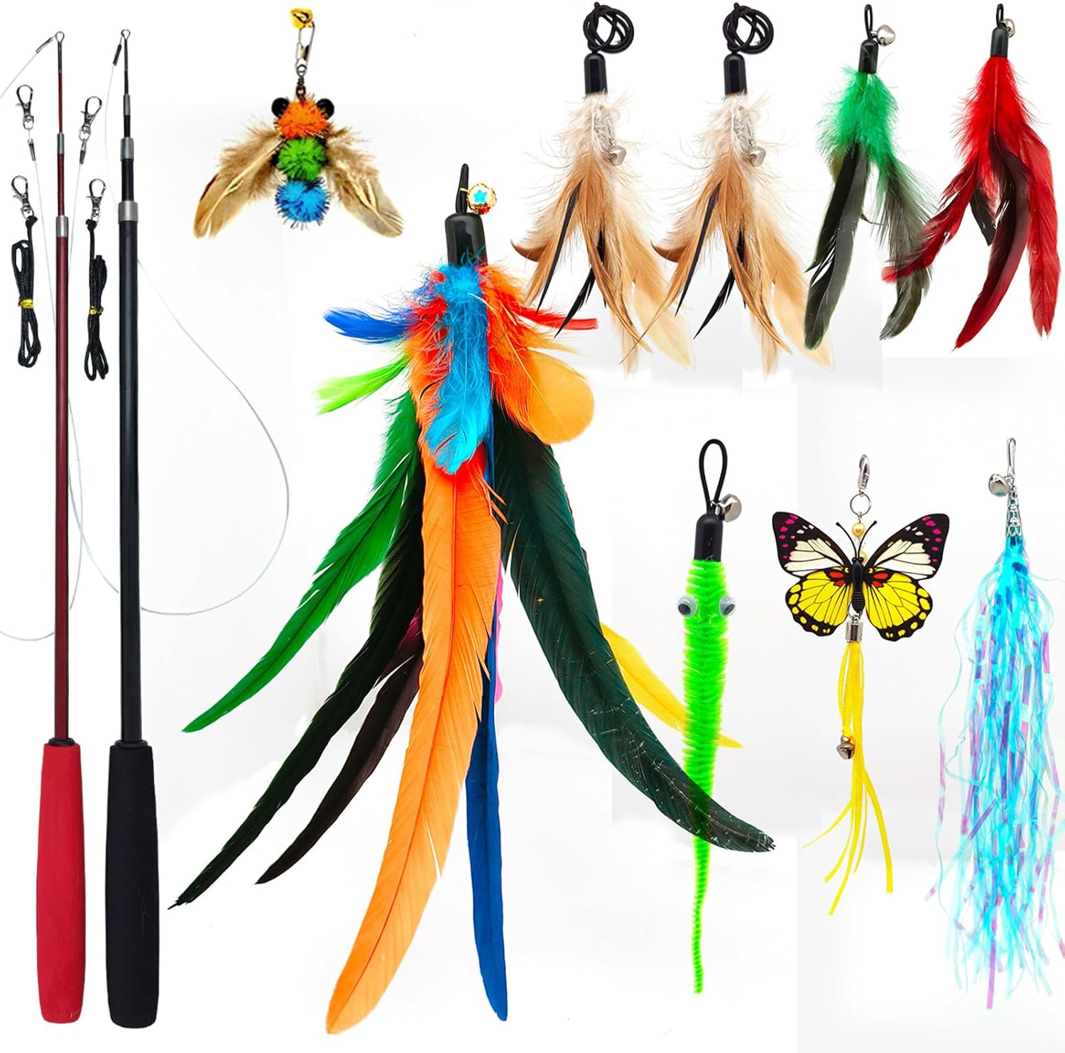 Interactive Cat Toy Bundle - Long Teaser Pole + Feather Refills