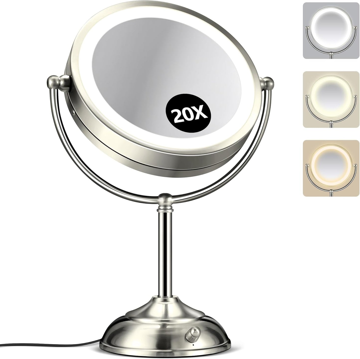 20x Large Lighted Makeup Mirror with 3 Color Modes and Timer