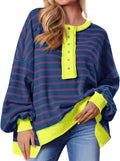 Tankaneo Womens Oversized Striped Sweatshirts Henley (Style 219Z)