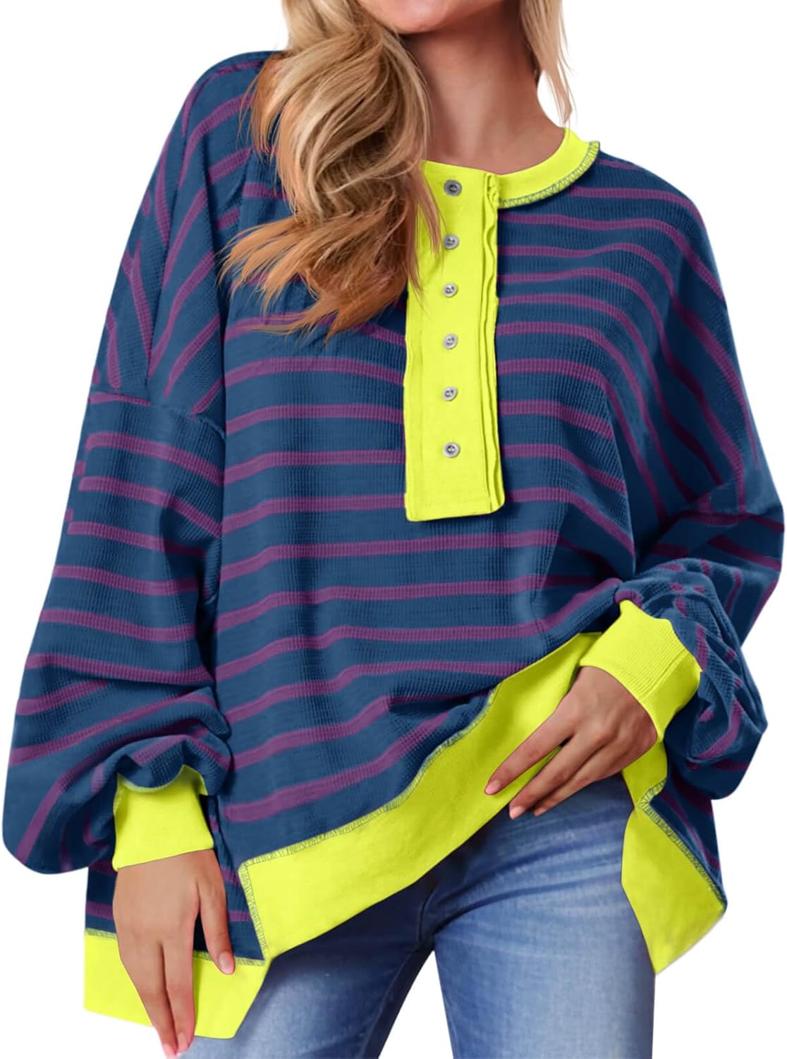 Oversized Striped Sweatshirts for Women - Stylish Henley Tops