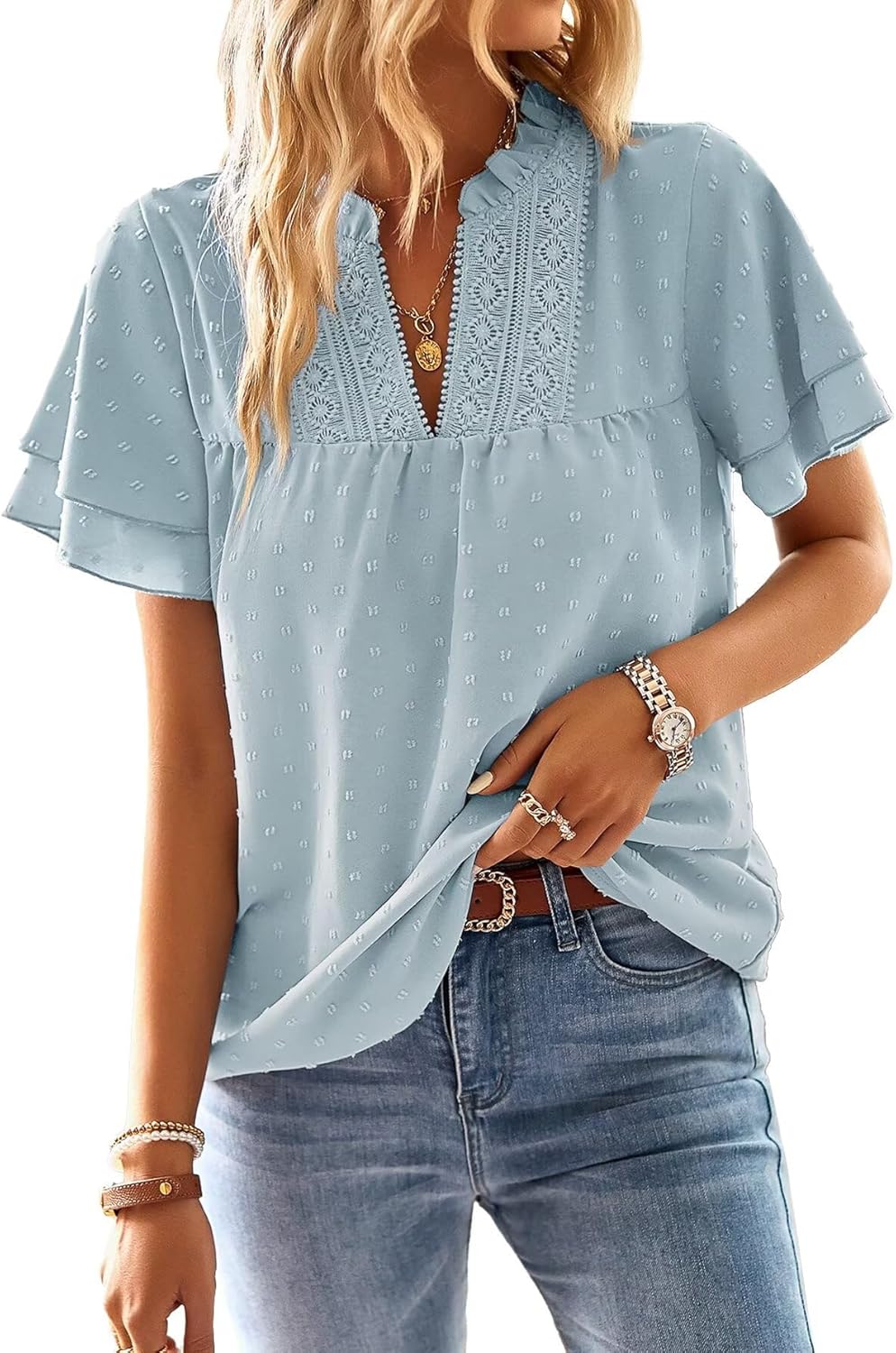 Womens Tops Butterfly Sleeve V Neck Blouses for Dressy Casual Wear