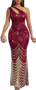 Cololura Sequin One Shoulder Tassel Mermaid Bodycon Dress (Style 2B4V)
