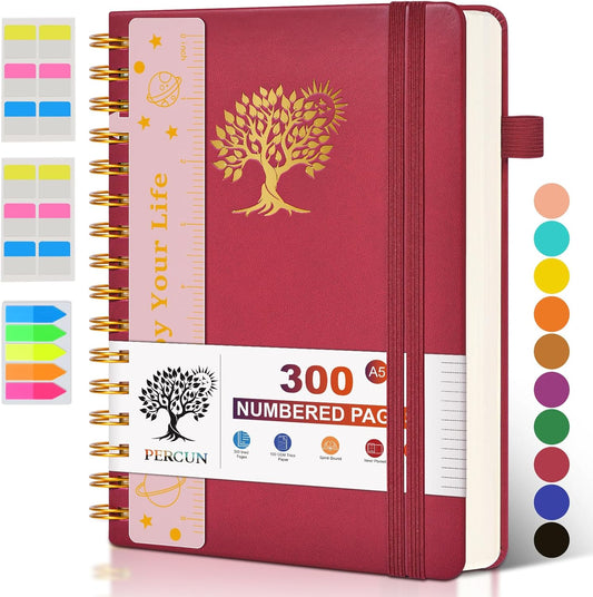 PERCUN Leather Spiral Notebook | 300 Numbered Pages, College Ruled | Perfect for School & Work
