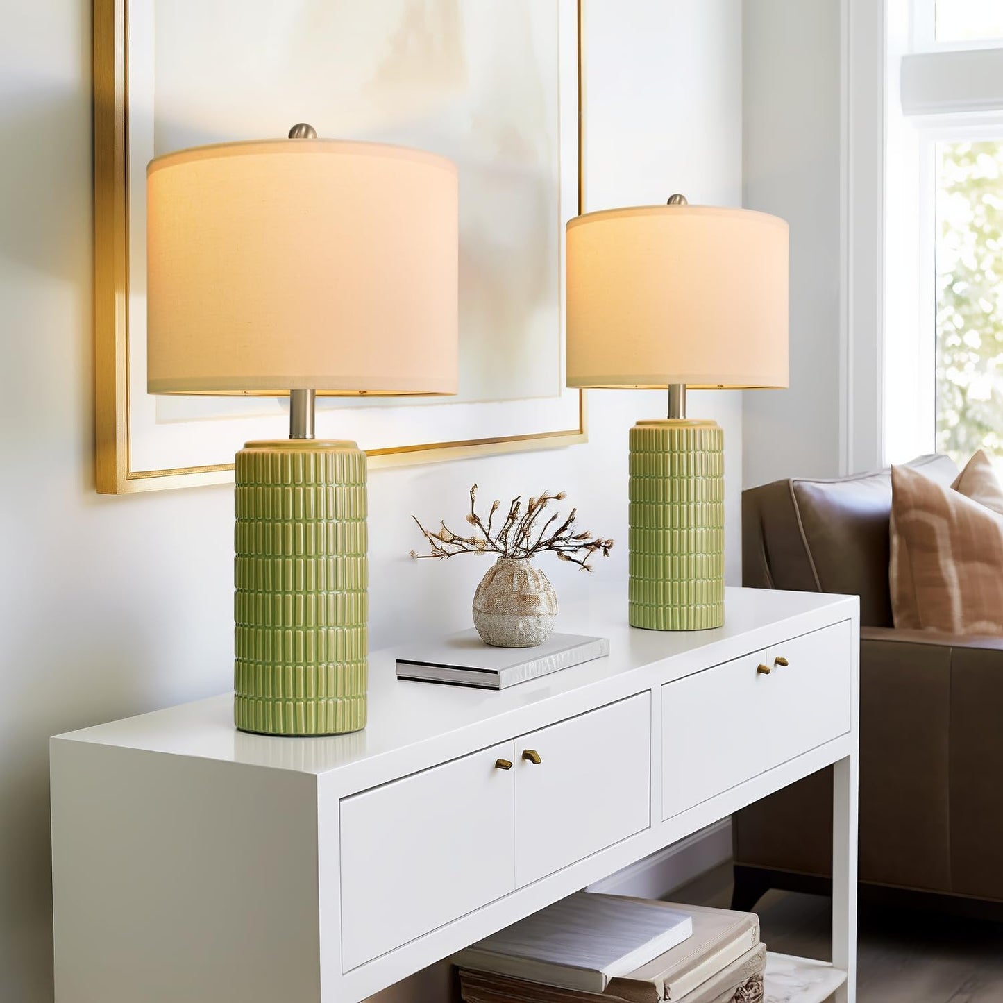 PoKat 23in Green Ceramic Table Lamps Set of 2 for Home Decor