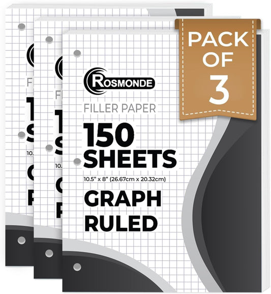 Rosmonde Graph Paper 3 Pack - 450 Sheets, Quad Ruled, 3 Hole Punched