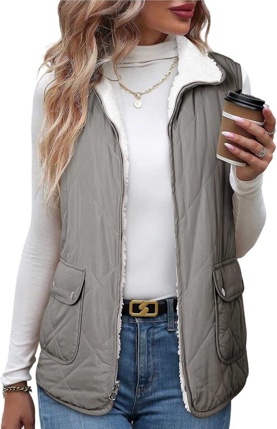 SHEWIN Women Puffer Vest Casual Stand Collar Sleeveless Jacket