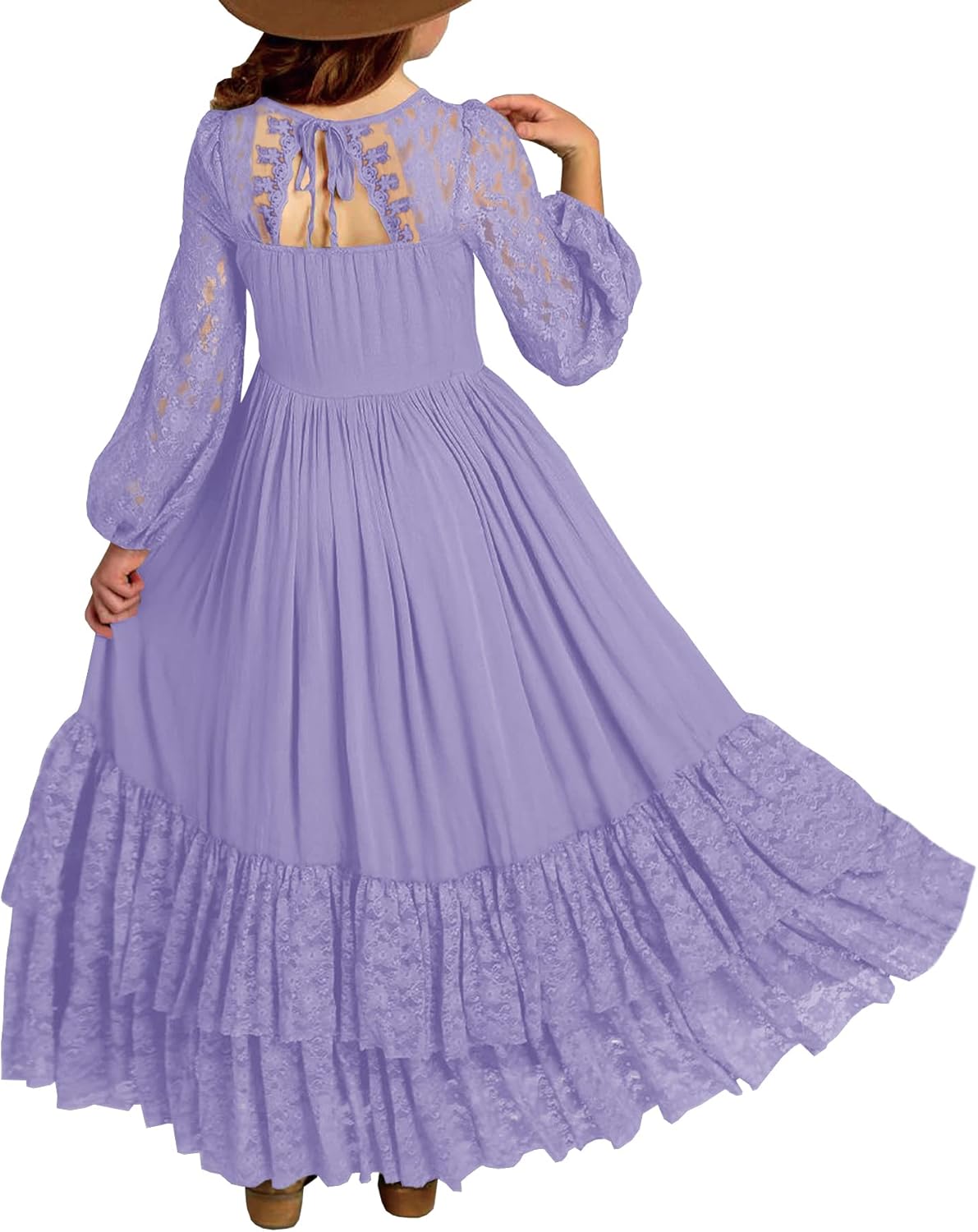 MITILLY Girls Boho Long Sleeve Backless Lace Flower Dress