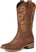 Cowboy Boots for Women Mid Calf Sunflower Embroidery - Stylish Comfort