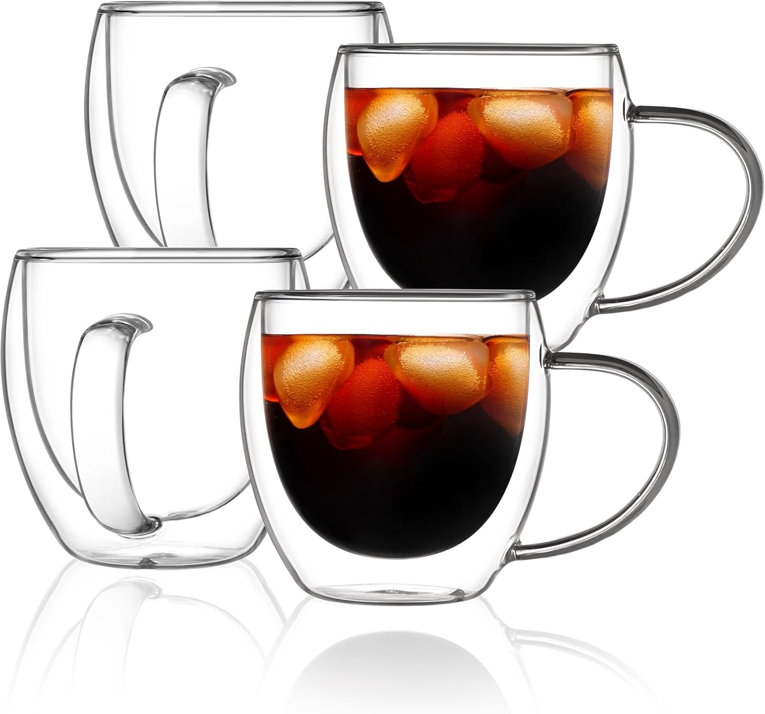 Double Walled Glass Coffee Mugs - Insulated 12oz Set of 4