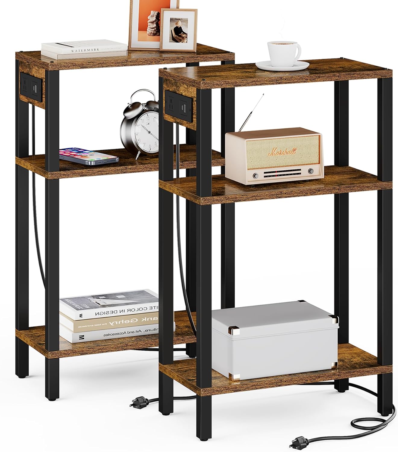 Narrow Side Table with Charging Station and USB Ports for Living Room