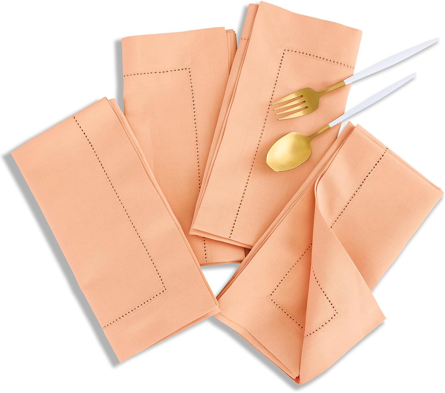 Cotton Linen Napkins Set of 4 - Hemstitch Peach Bloom Style