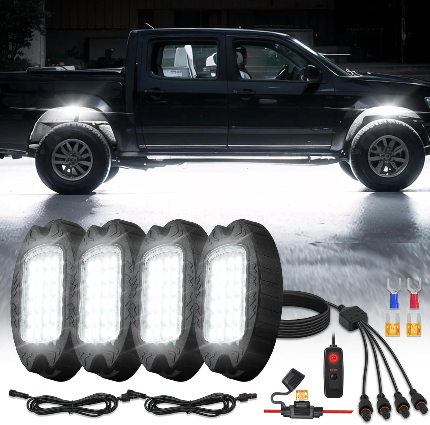 4Pods Metal Bright Pure White LED Rock Lights Kit for Trucks