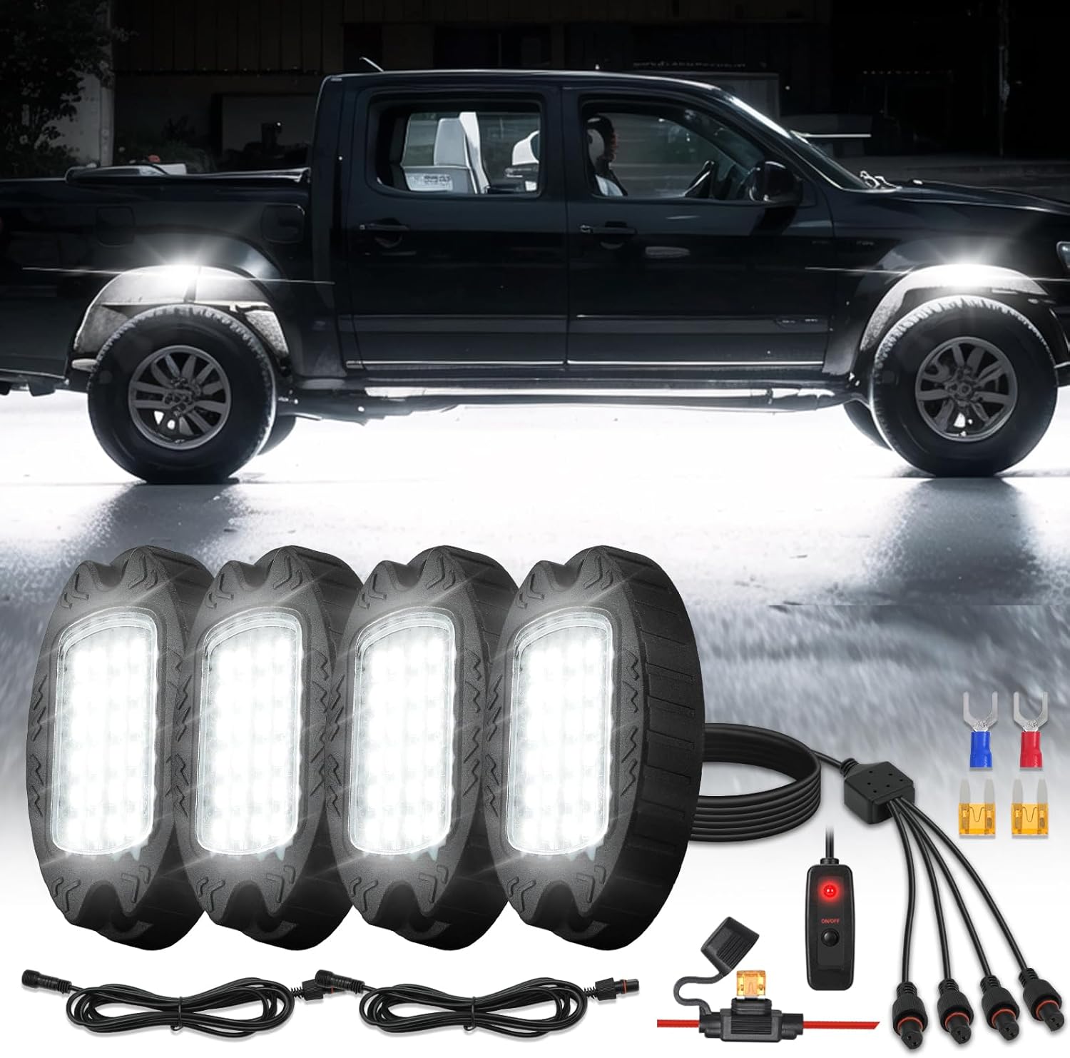 4Pods Metal Bright Pure White LED Rock Lights Kit for Trucks