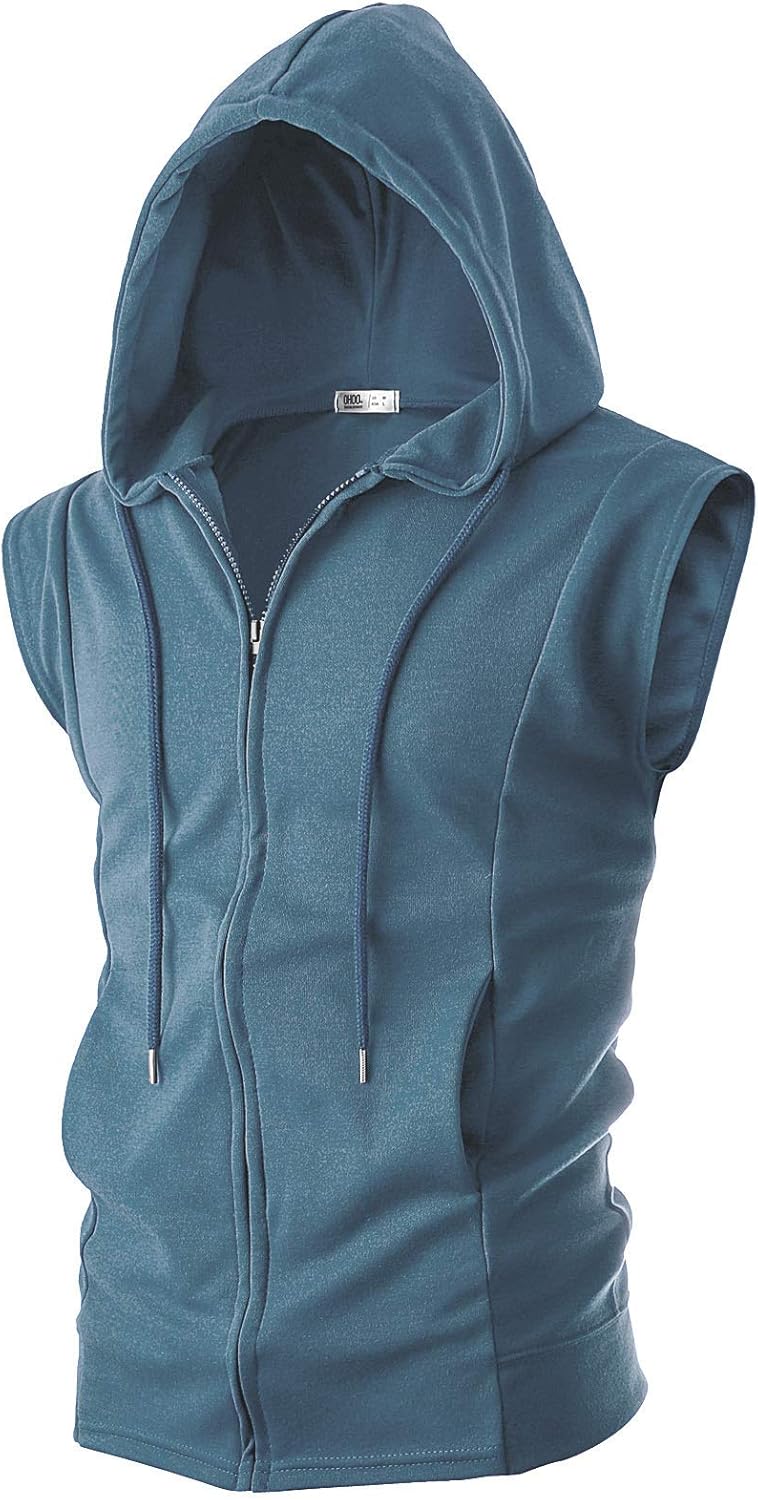 Ohoo Mens Slim Fit Sleeveless Zip Up Hooded Sweatshirt Vest