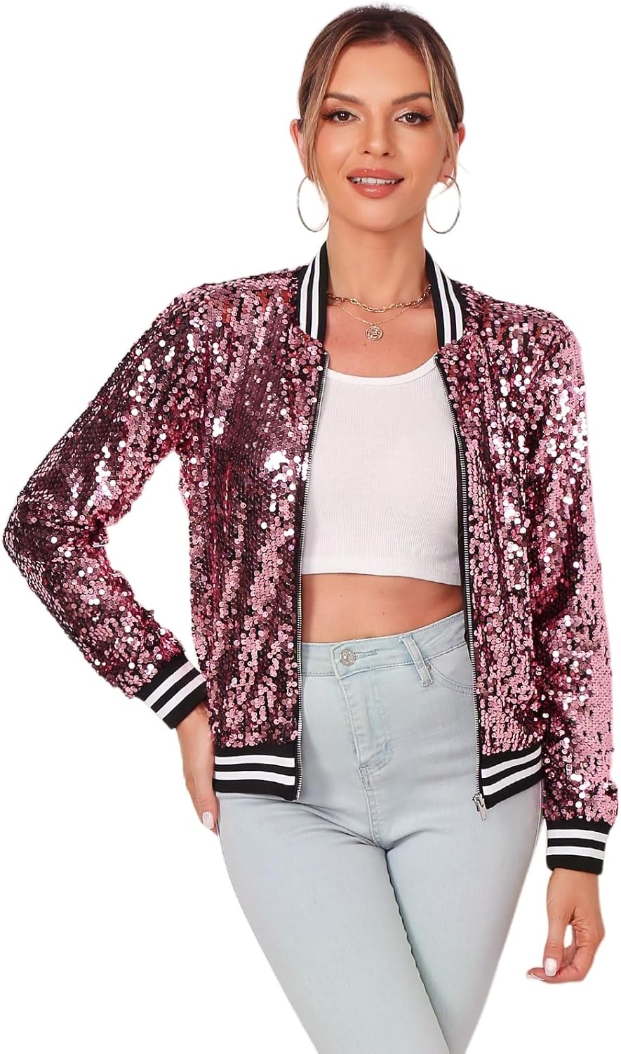 Womens Long Sleeve Sequin Open Front Zipper Jacket Review