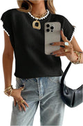 Womens Ribbed Floral Knit Sweater Crew Neck Short Sleeve - Casual Fit