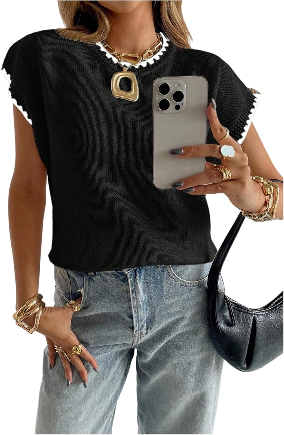 SOLY HUX Women's Ribbed Sweater Crew Neck Short Sleeve Top