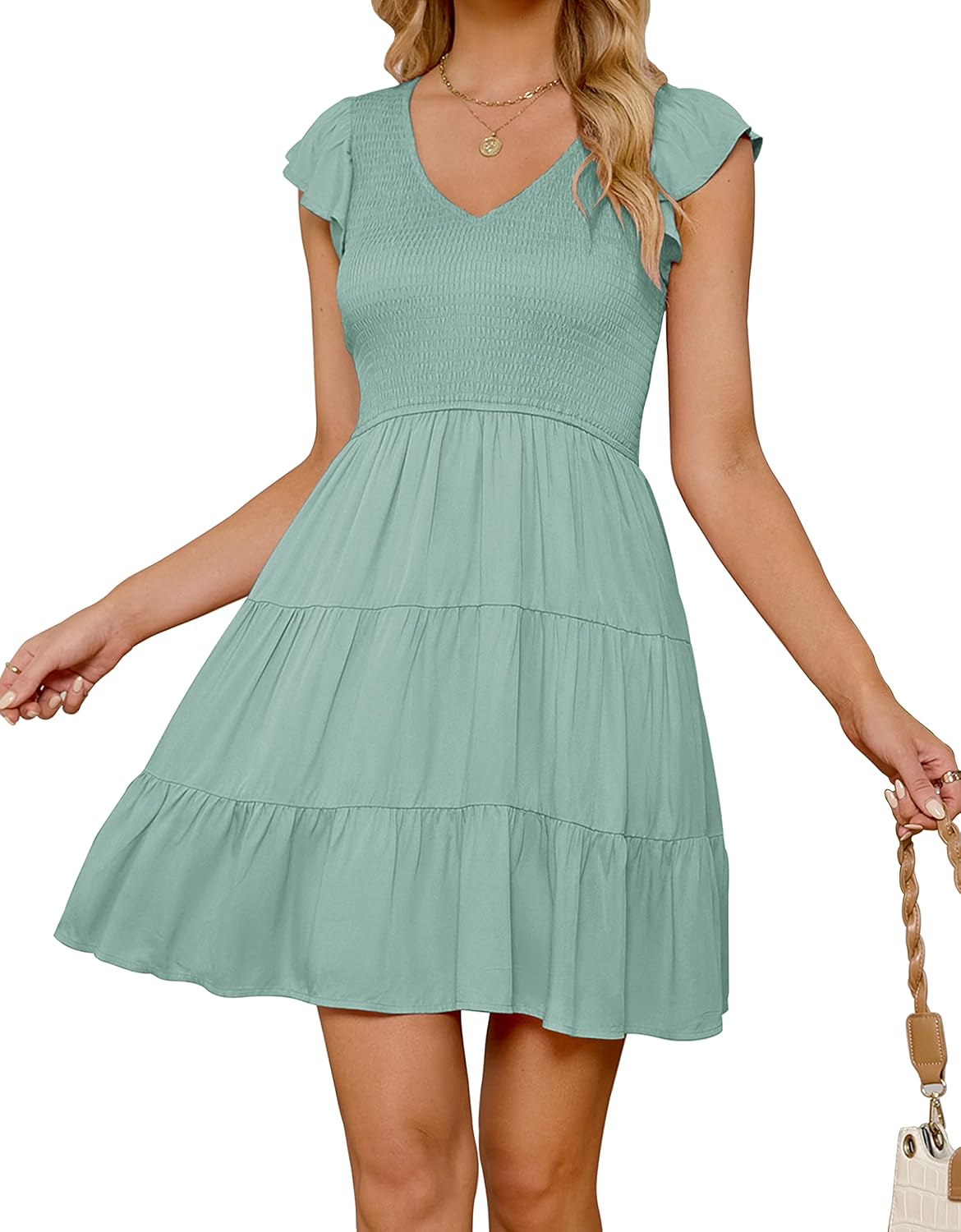 ZESICA Women's Bohemian Ruffle Smocked A Line Mini Dress