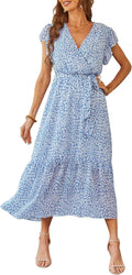 Women's Summer Floral Boho Maxi Dress with Ruffle Hem - Flowy Wrap