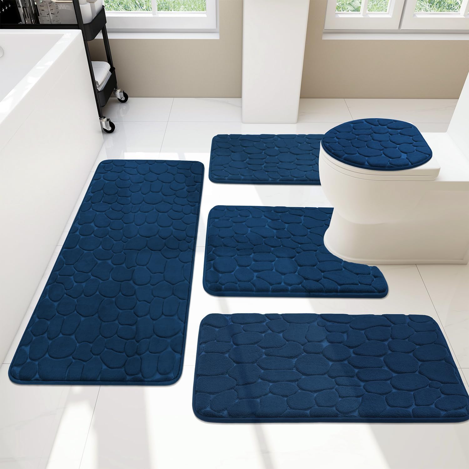YIHOUSE Bathroom Rugs Set - 5 Piece Cobblestone Memory Foam