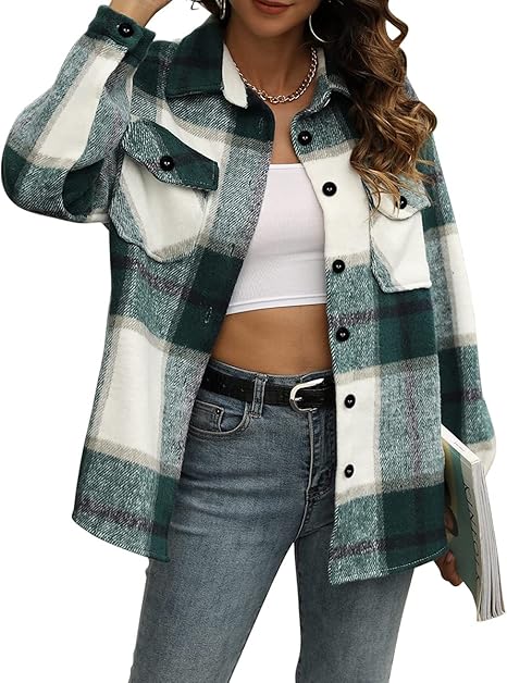 Womens Casual Plaid Shacket Button Down Long Sleeve Shirt