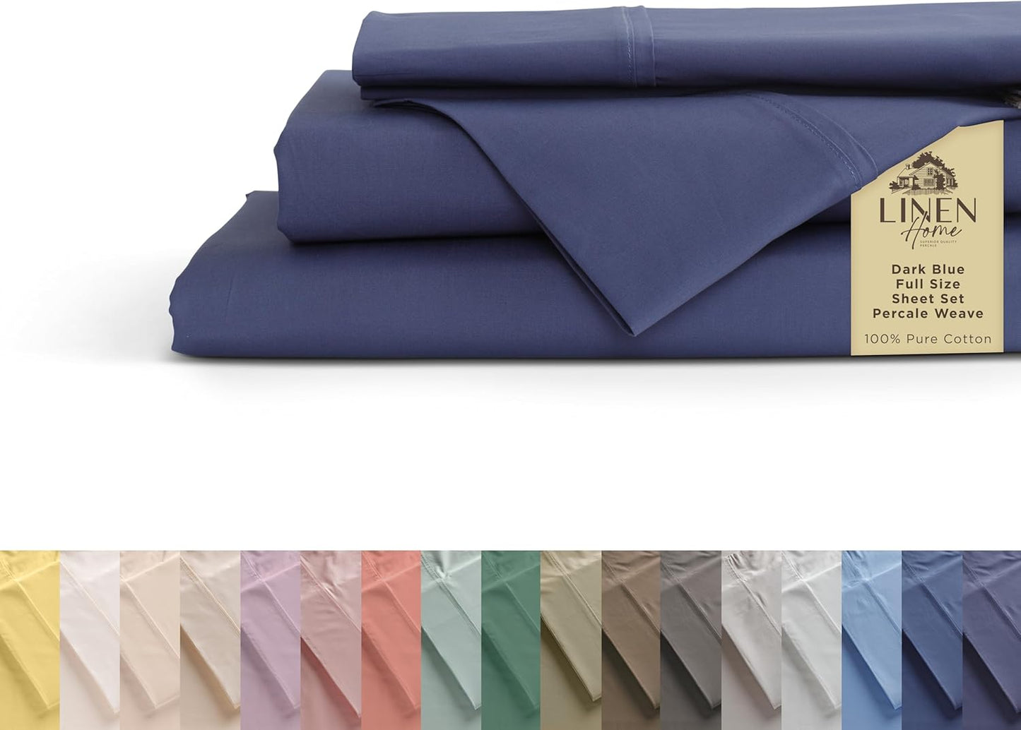 100% Cotton Percale Sheets Full Size Set in Dark Blue Color