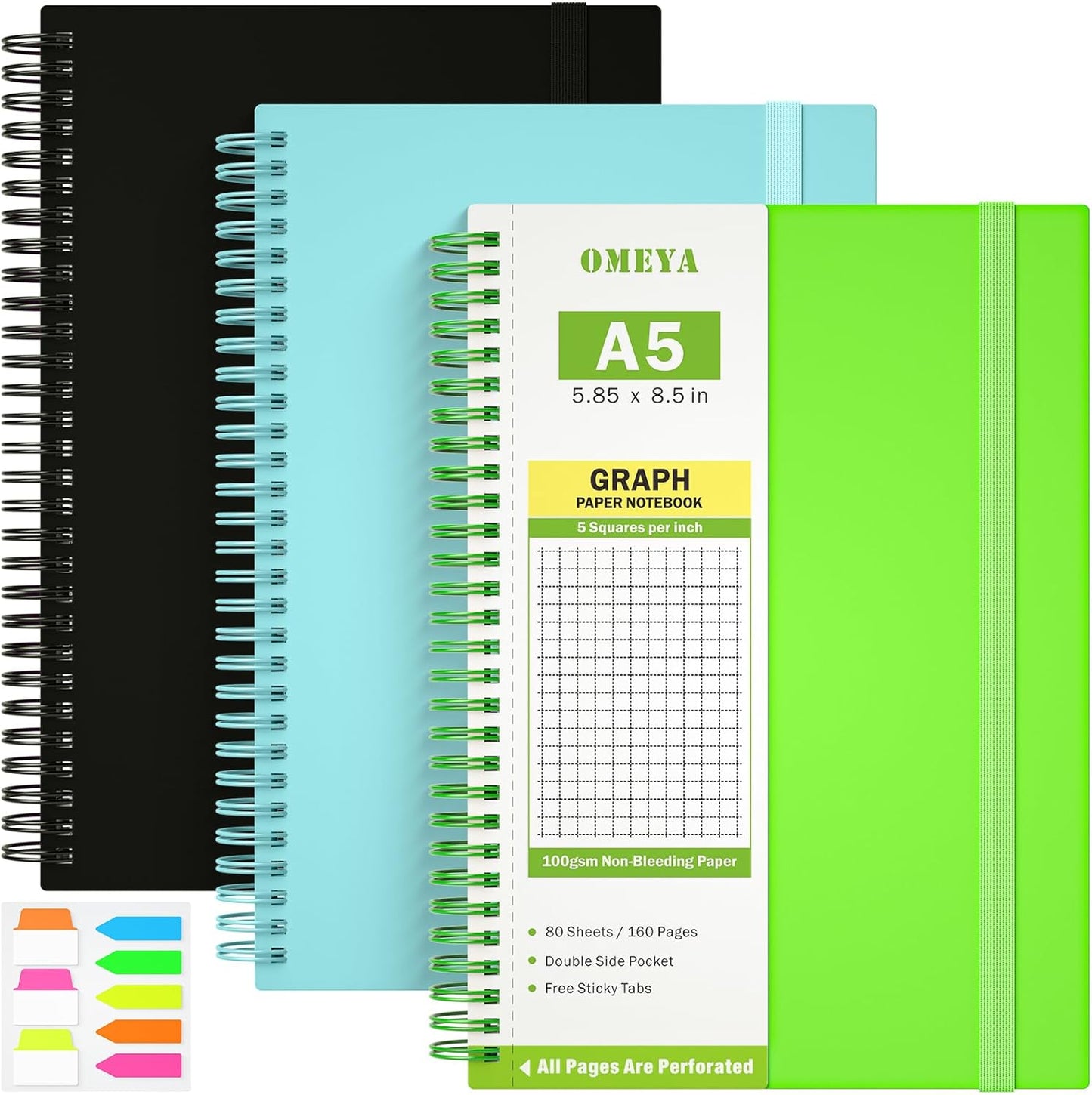 OMEYA A5 Grid Notebook 3-Pack - 480 Perforated Pages, 100gsm Thick Paper - Perfect for School & Office