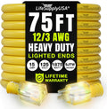 75ft Yellow 12/3 Heavy Duty Extension Cord - Waterproof Lighted End