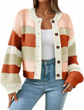 Womens Striped Chunky Cardigan Button Up - Cozy Color Block Knit
