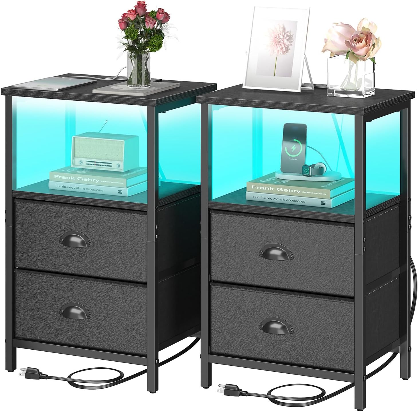 Nightstand with Charging Station and LED Light Strip for Bedroom
