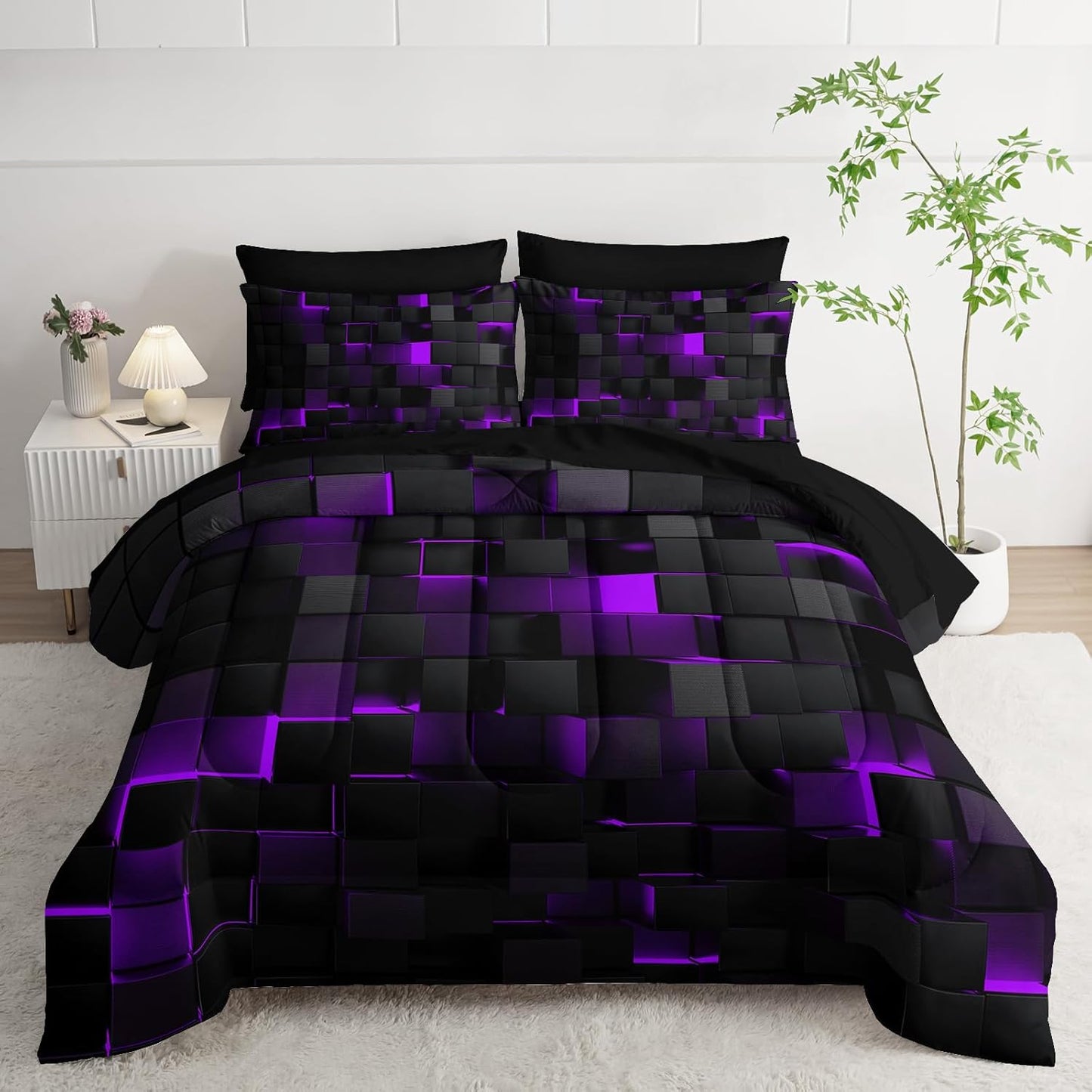 Geometric Violet Black Full Comforter Set for Stylish Bedrooms