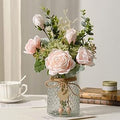YJ Fake Flowers with Vase Pink Roses Bouquet - Farmhouse Table Decor