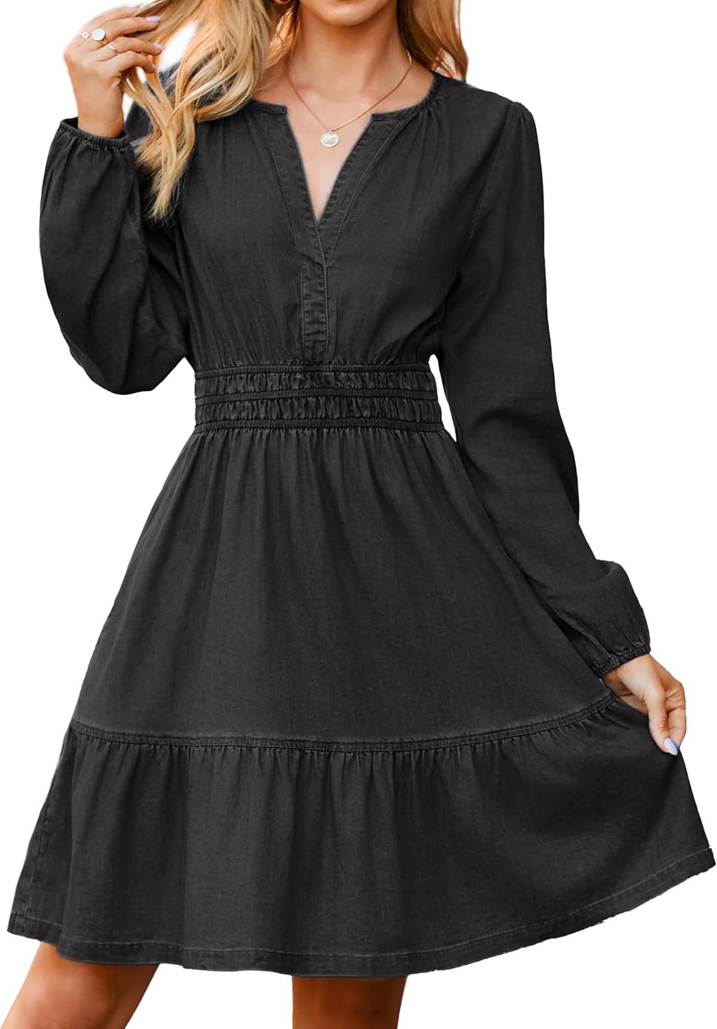 Simplee Womens Fall Denim Dress with Ruffle A Line Style