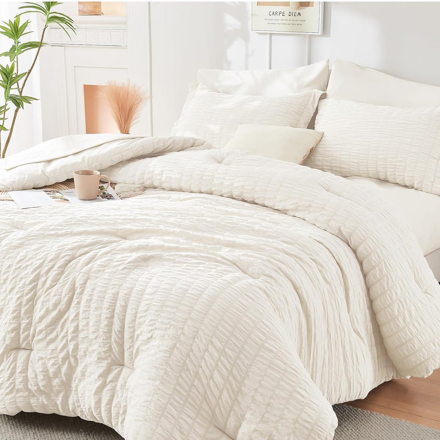 HYMOKEGE Ivory Twin Comforter Set for All Season Luxury Bedding