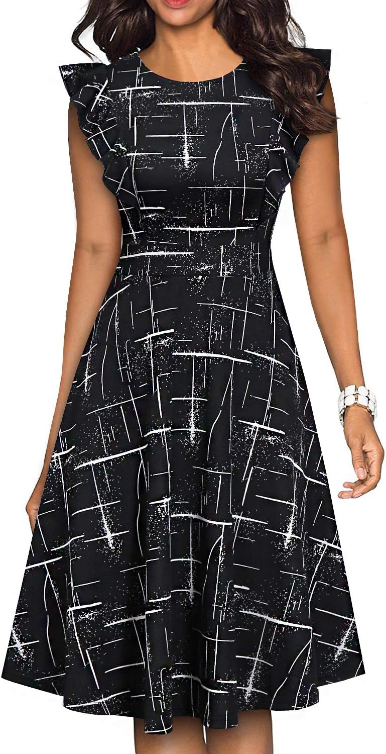 YATHON Women's Vintage Ruffle Floral Flared A Line Swing Dress