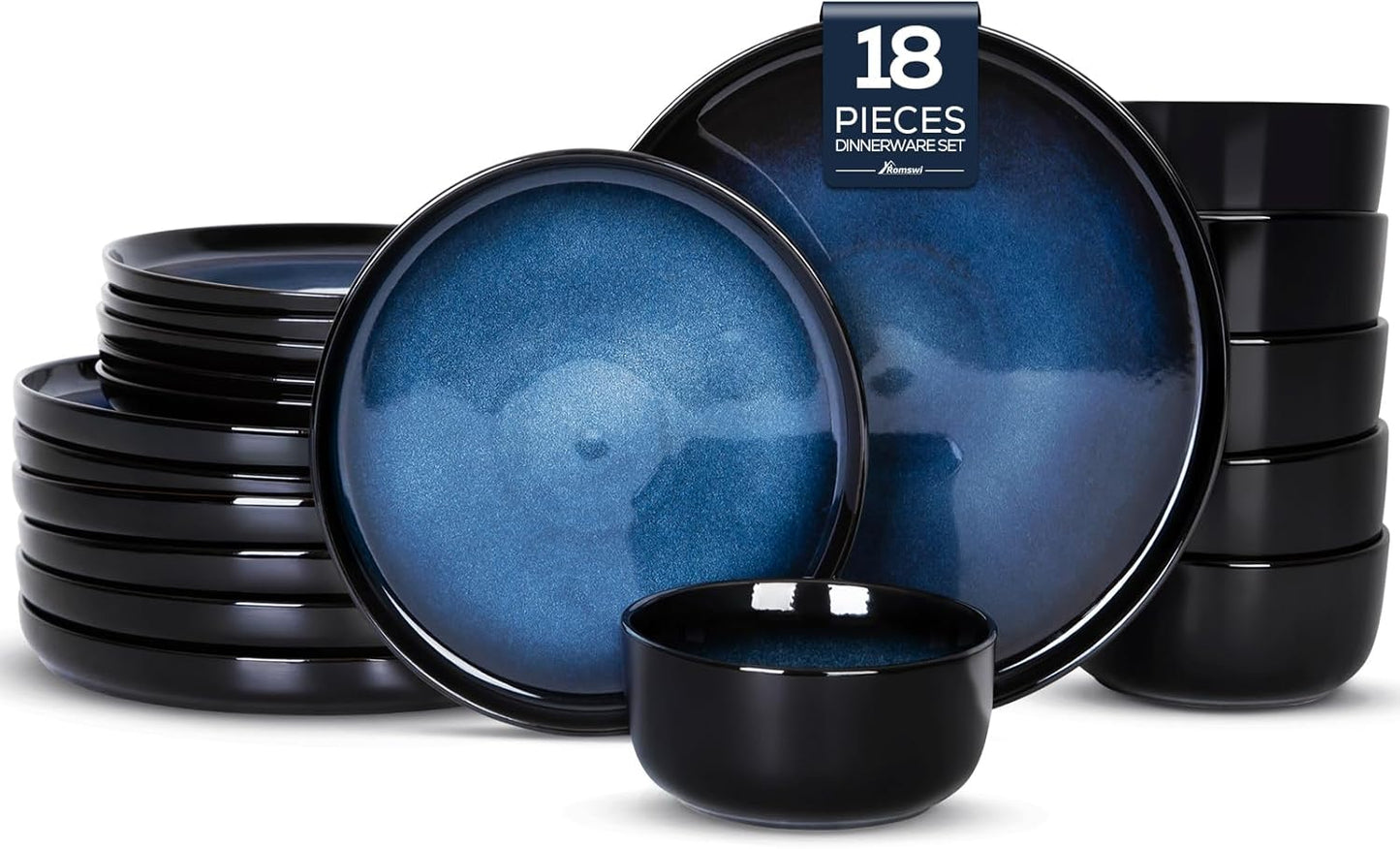 Romswi Ceramic 18Pcs Dinnerware Set for 6, Dreamy Moonlight-Blue