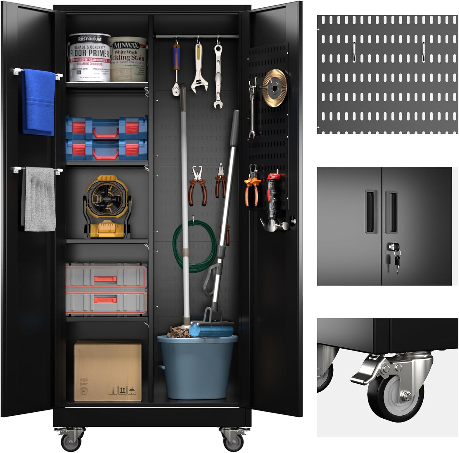 Broom Closet Storage Cabinet with Wheels for Garage Organization