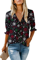 Thanksgiving Blouses for Women Smocked Sleeve Deep V Neck Top - Dressy