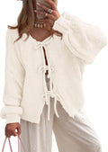 Tie Front Bow Cardigan Sweater - Chunky Knit Puff Sleeve Jacket L=US