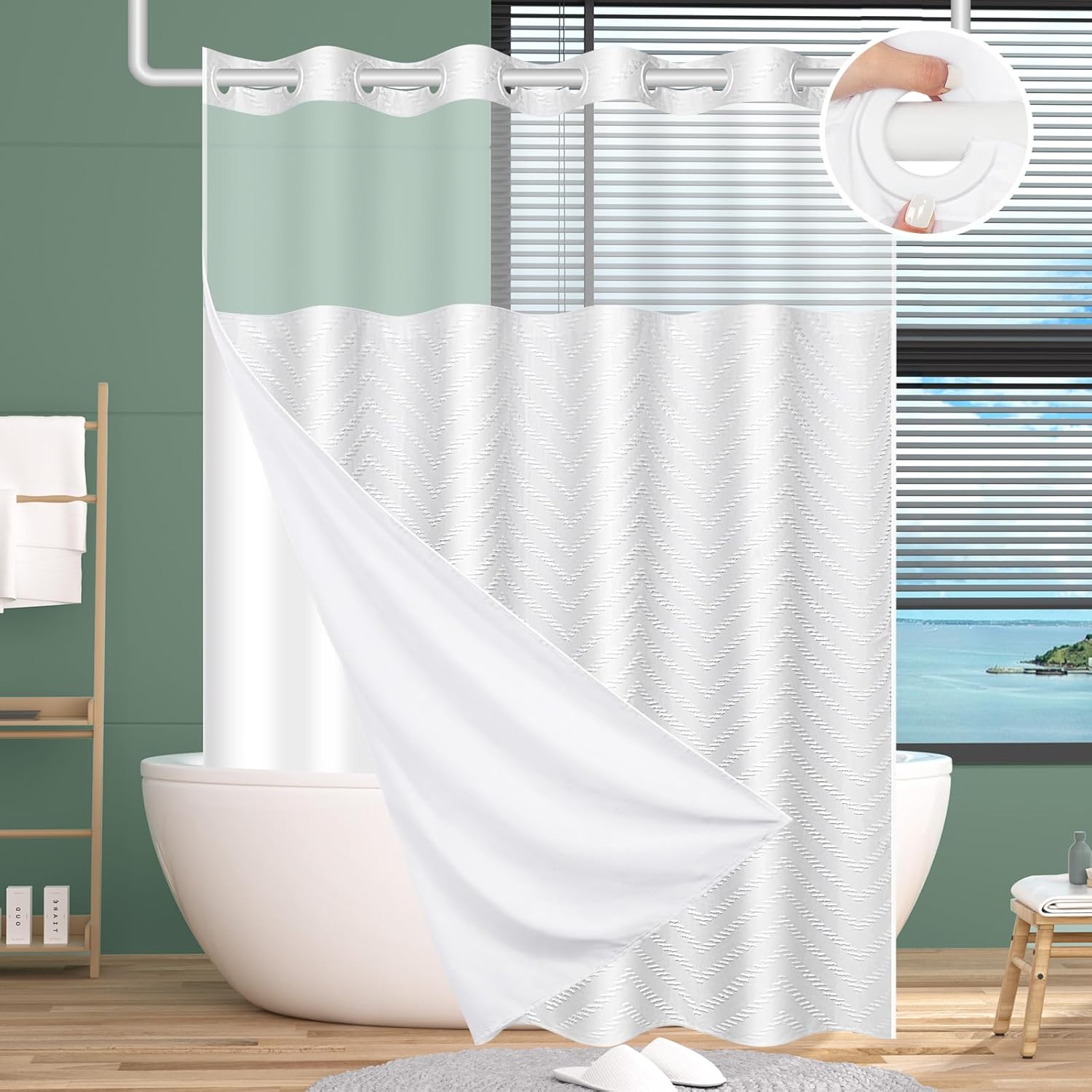 No Hook Shower Curtain Set with Snap in Liner for Easy Use