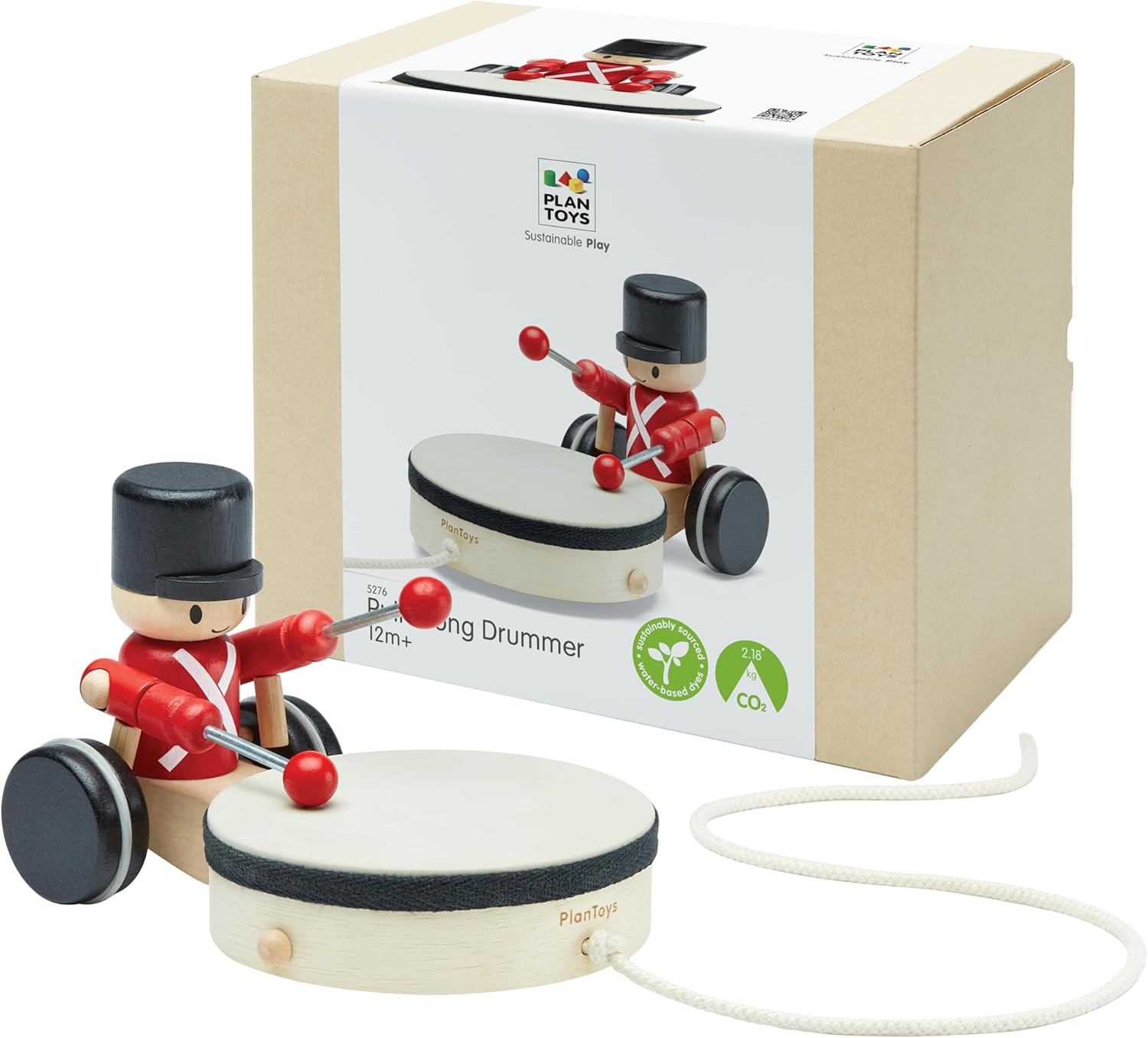 PlanToys Wooden Pull Along Drummer for Active Musical Play