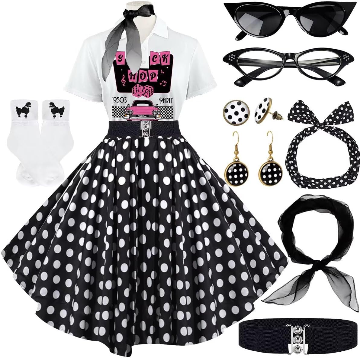Sock Hop Outfits Women 1950s Poodle Dresses with Accessories
