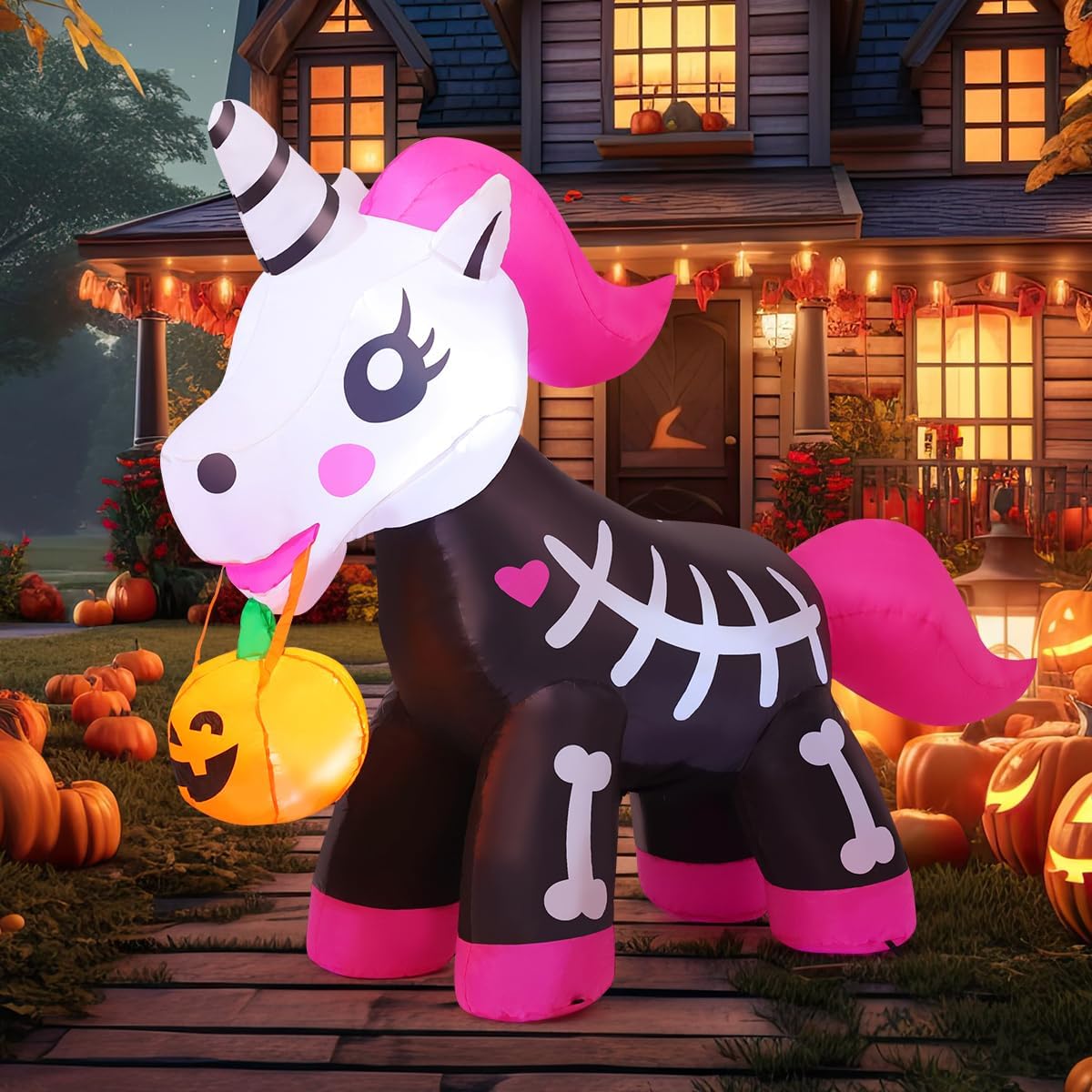 5FT Halloween Inflatables Skeleton Unicorn for Outdoor Decor