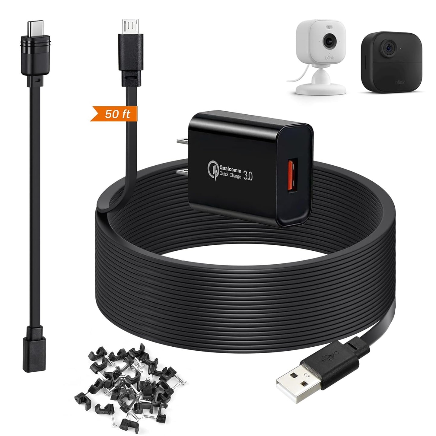 Long 50ft Power Extension for Blink Cameras - Fast Charging, Waterproof Adapter