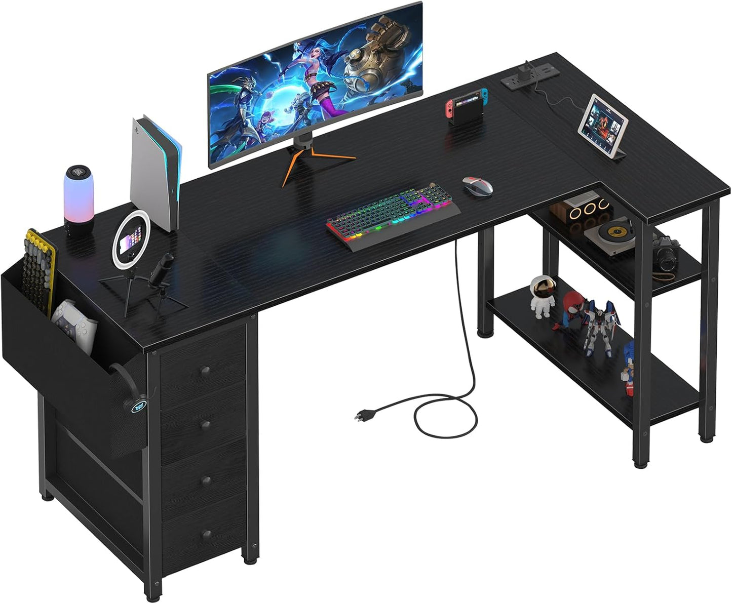 L Shaped Gaming Desk with Drawers & Power Outlet for Home Office