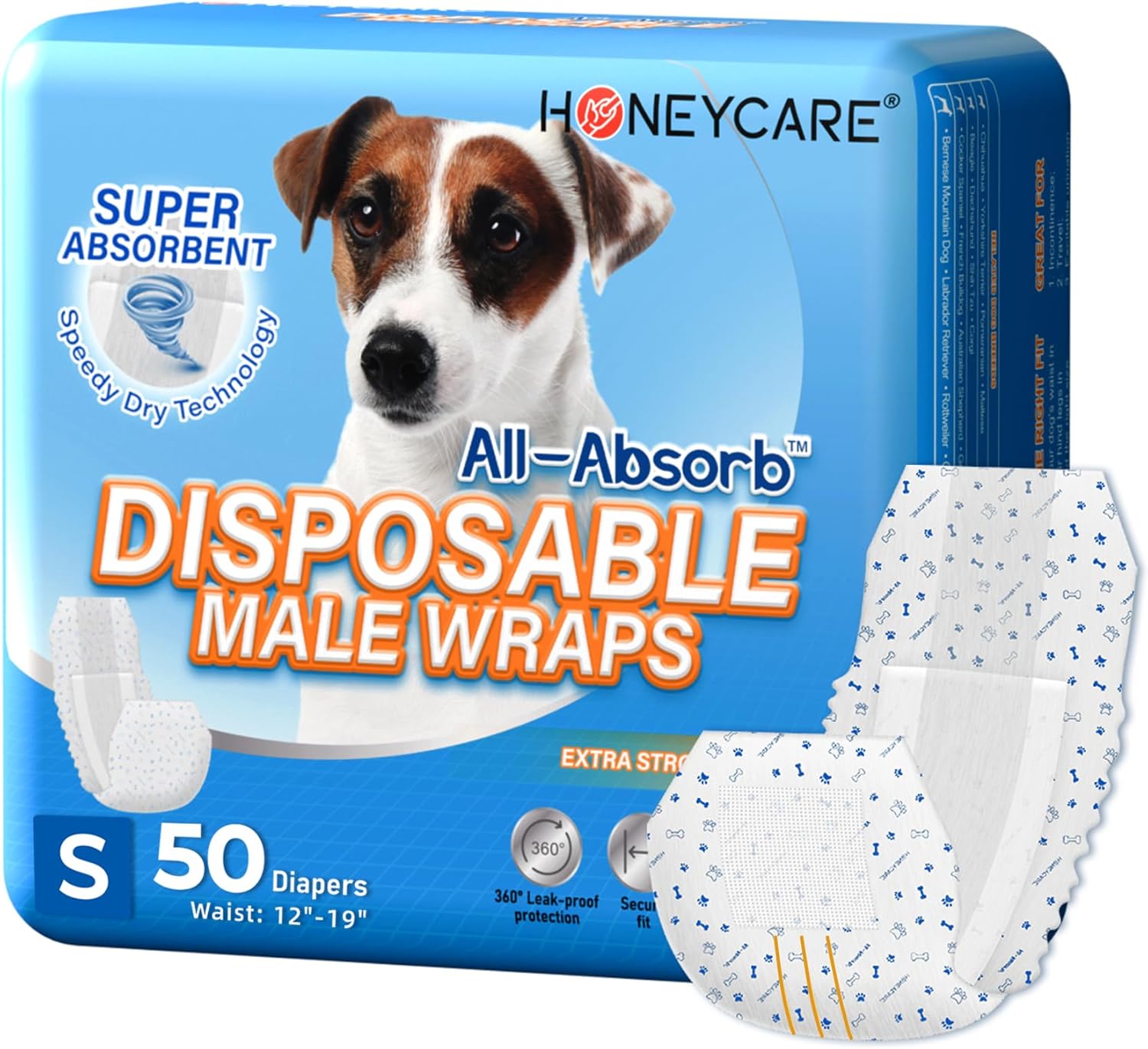 HONEY CARE Male Dog Wraps, 50 Count, Small: Ultimate Leak Protection